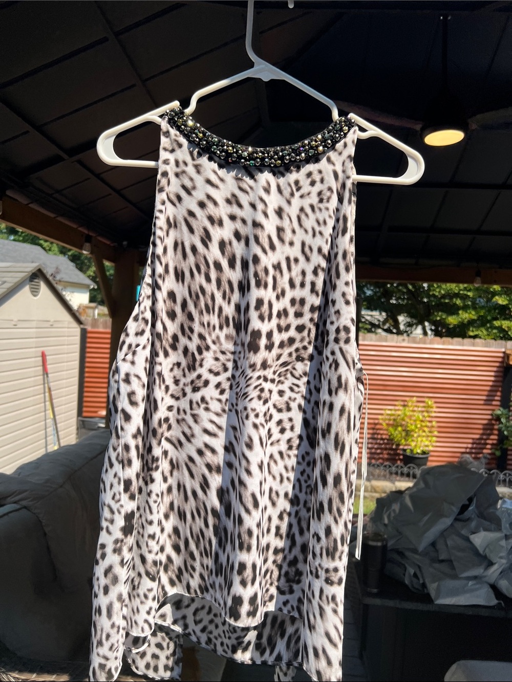 Jennifer Lopez Black and White Leopard Print Halter Top with Beaded Neckline